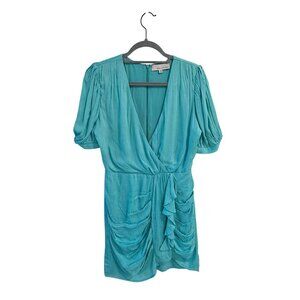 Adelyn Rae Teal Mini Dress Puff Sleeves V-Neck Draped Ruching Size S